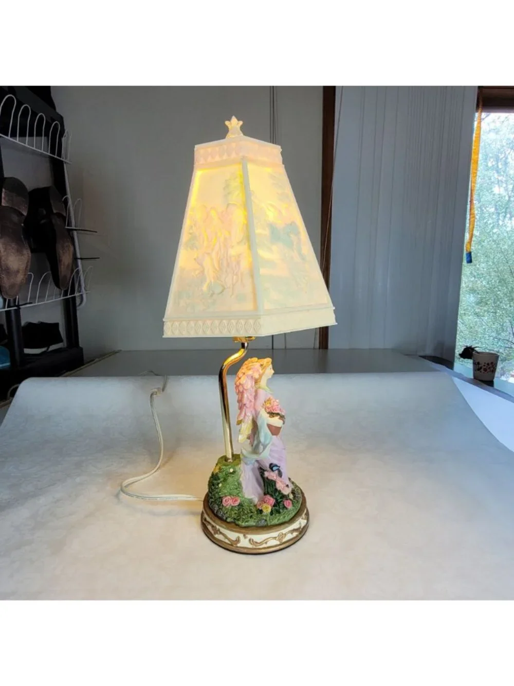 Vintage Indian Lamp Angel Flowers and Dove Lithophone Resin Plastic